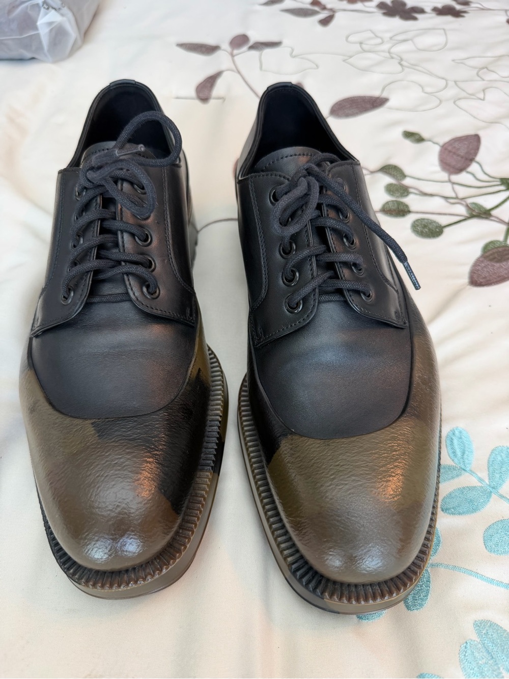 Prada Black & Camouflage Rubber Cap-Toe Lug Sole Leather Shoes Size 8 / US 9